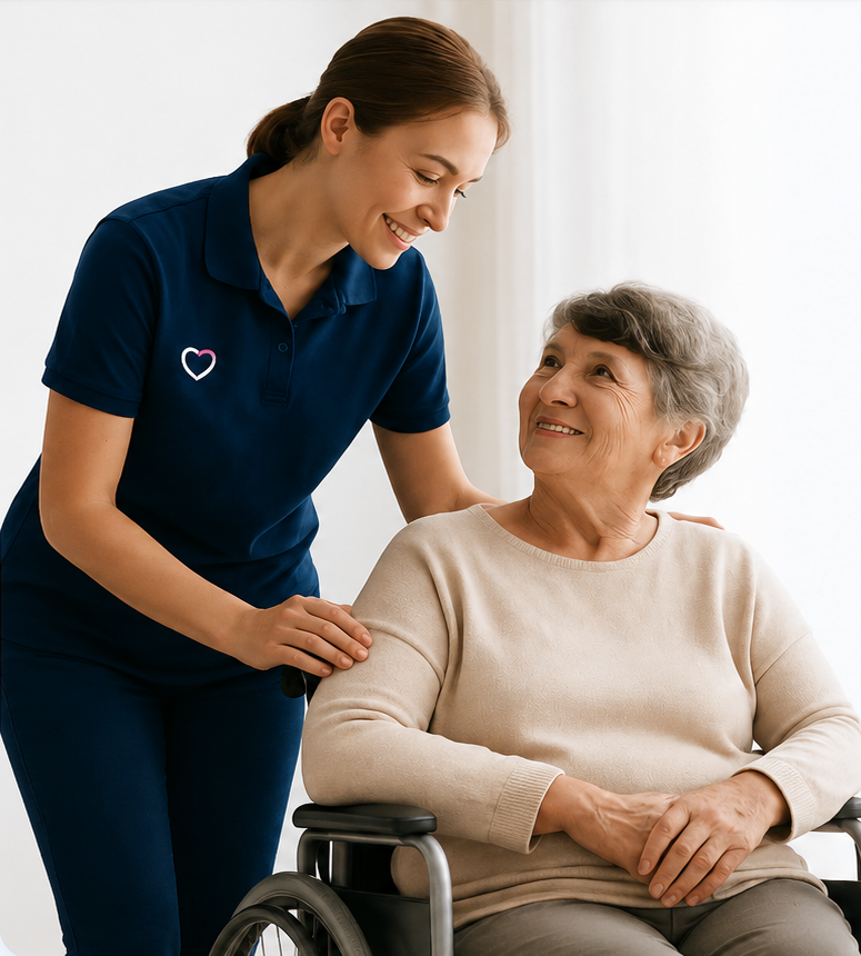 Support worker smiling with an older client in a wheelchair